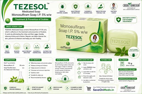 TEZESOL Monosulfiram Soap I.P. 5% w/w Medicated Soap 75g | Anti-Scabies Soap for Scabies Treatment & Skin Protection