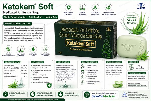 Ketokem Soft Medicated Antifungal Soap 75g | Ketoconazole, Zinc Pyrithione, Aloe Vera & Glycerin Soap