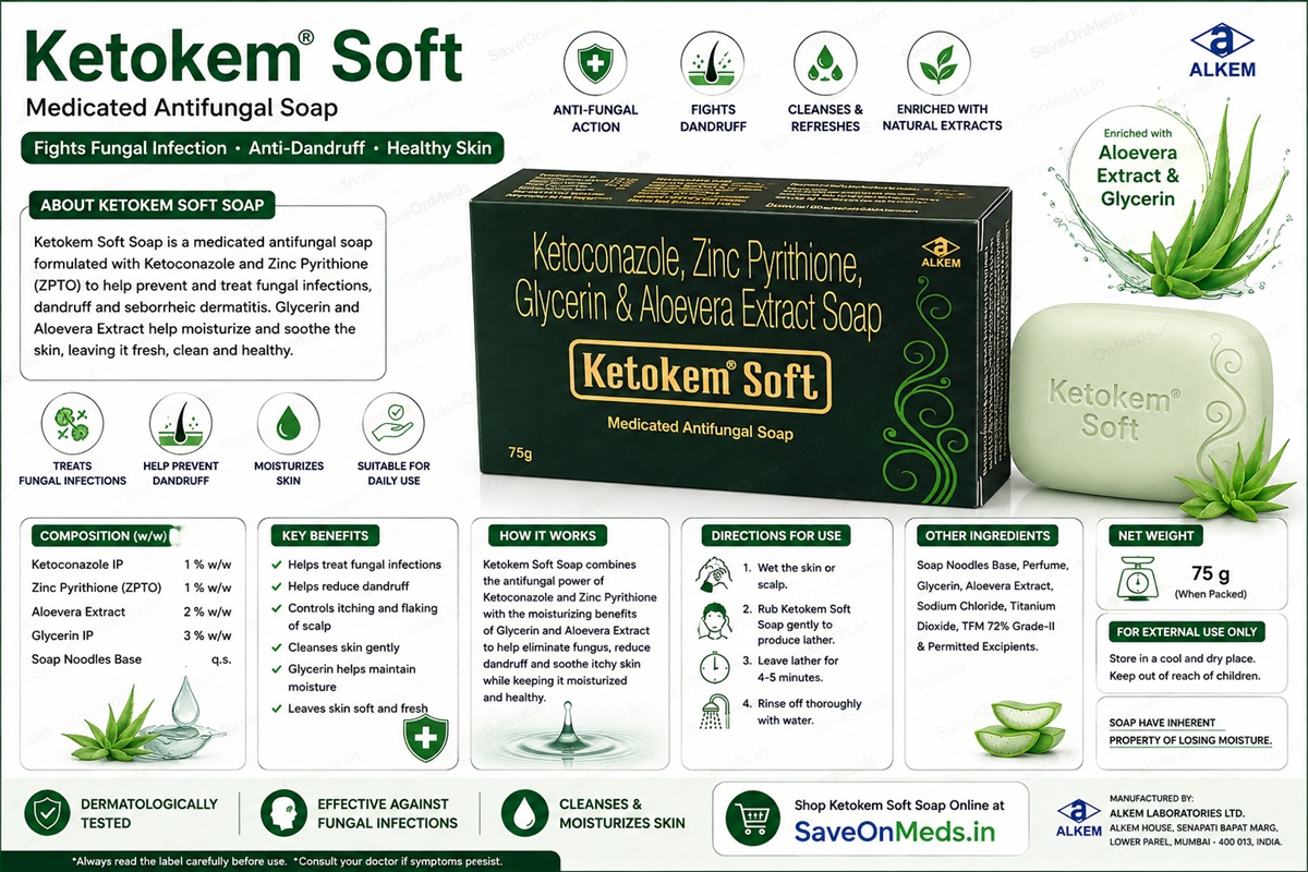 Ketokem soft medicated antifungal soap 75g | ketoconazole, zinc pyrithione, aloe vera & glycerin soap