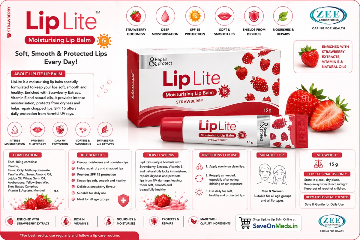 Liplite strawberry moisturising lip balm spf 15 with vitamin e, jojoba oil & shea butter - 15g