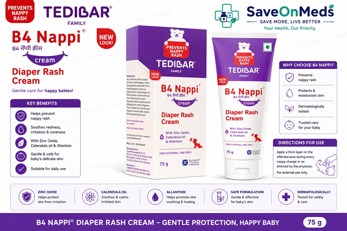 Tedibar family b4 nappi diaper rash cream 75 g with zinc oxide, calendula oil & allantoin